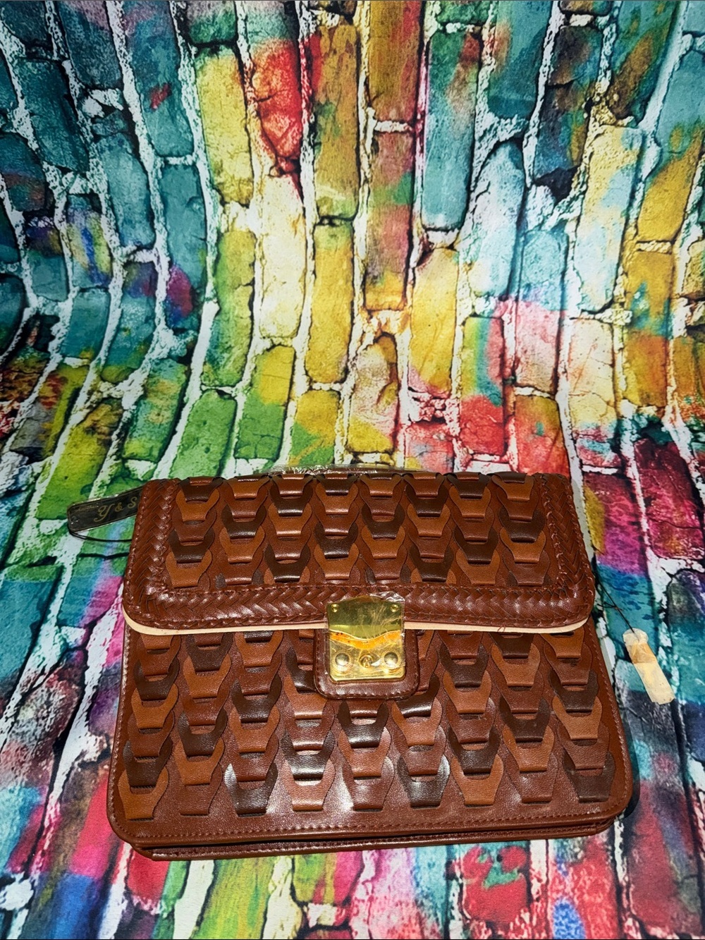 Y&S Handbags Brown Woven Leather Clutch with Gold-Tone Lock